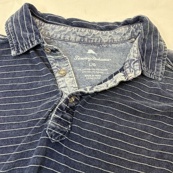 TOMMY BAHAMA Shirt Mens Large Blue Stripe Distressed Denim Look Polo Casual - Picture 9 of 9